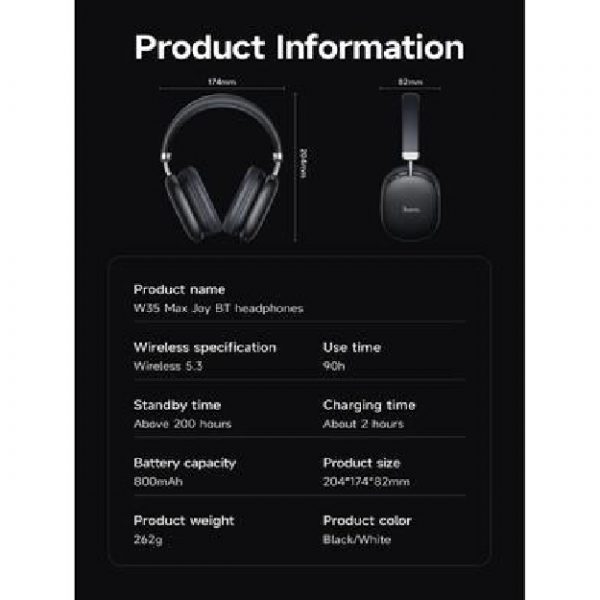 HOCO W35 Max Wireless Bluetooth Headphones-Black - Image 5